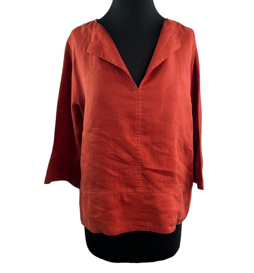 Trina Turk Out Of Office Brick Top Lagenlook Linen Split Neck 3/4 Sleeve Small S